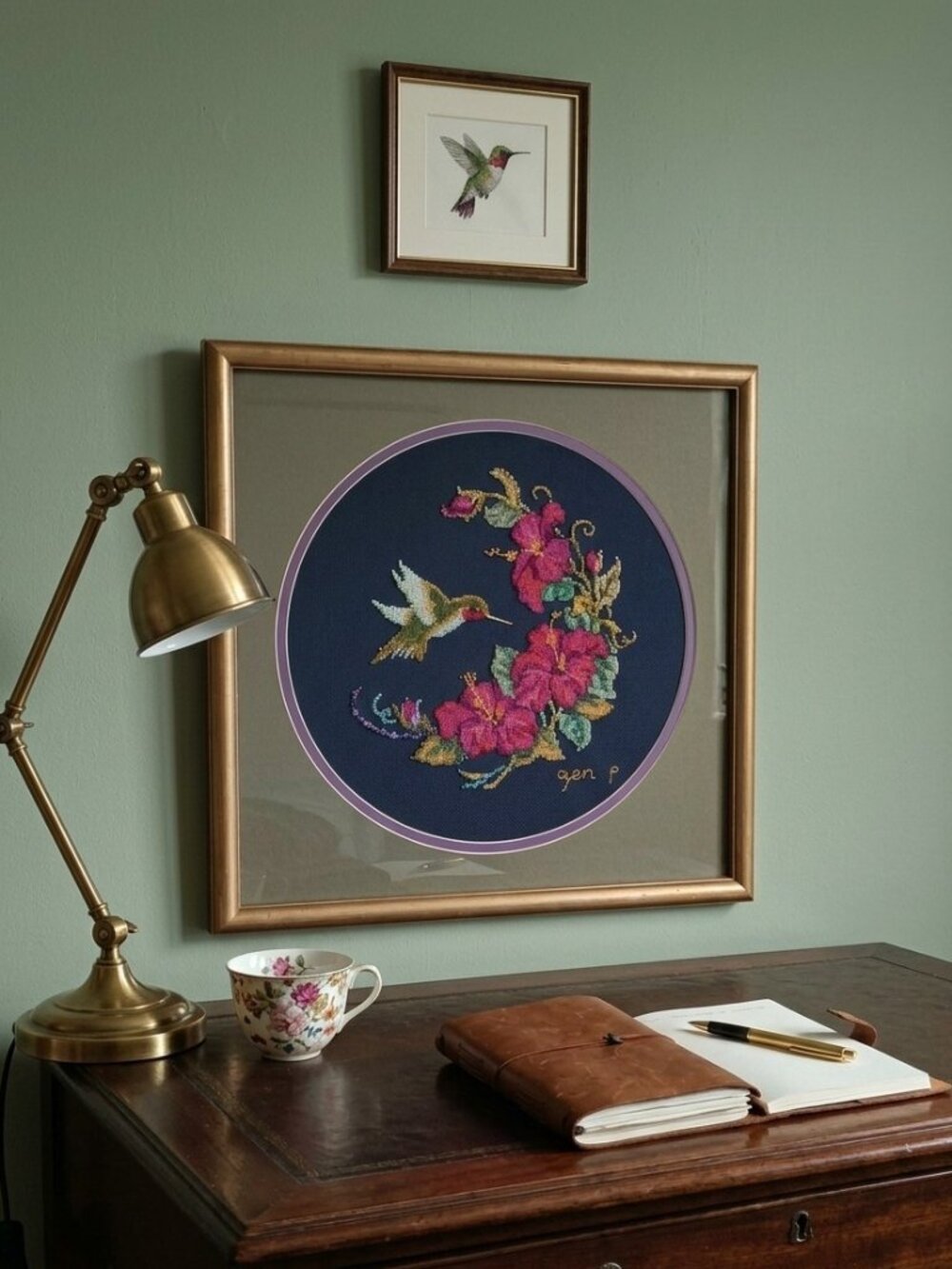 Vintage Framed Cross Stitch Hummingbird & Hibiscus Signed "Gen P"  15.5" x 15.5"